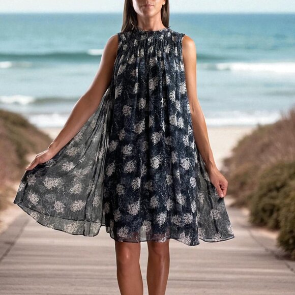 JOIE THELEN CHIFFON SWING SLEEVELESS DRESS IN BALTIC PRINT - Picture 1 of 8